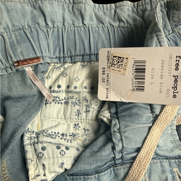 NWT $98 FREE PEOPLE denim Light Blue Drawstring Pants L seaside blue, jean baggy - Picture 2 of 5